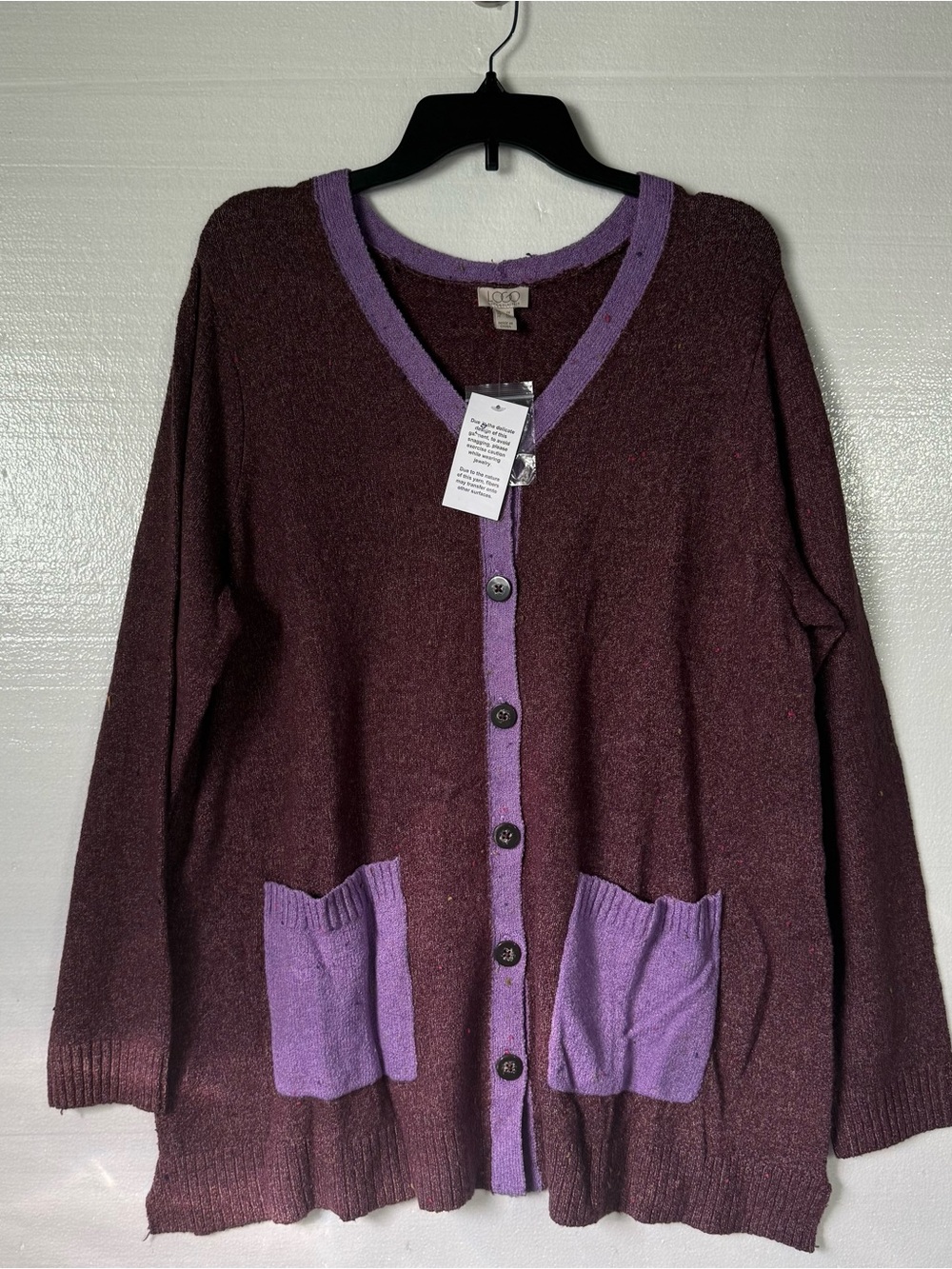 LOGO Lori Goldstein Sweater Women 1X Plum & Lavender Colorblock Pocket Cardigan